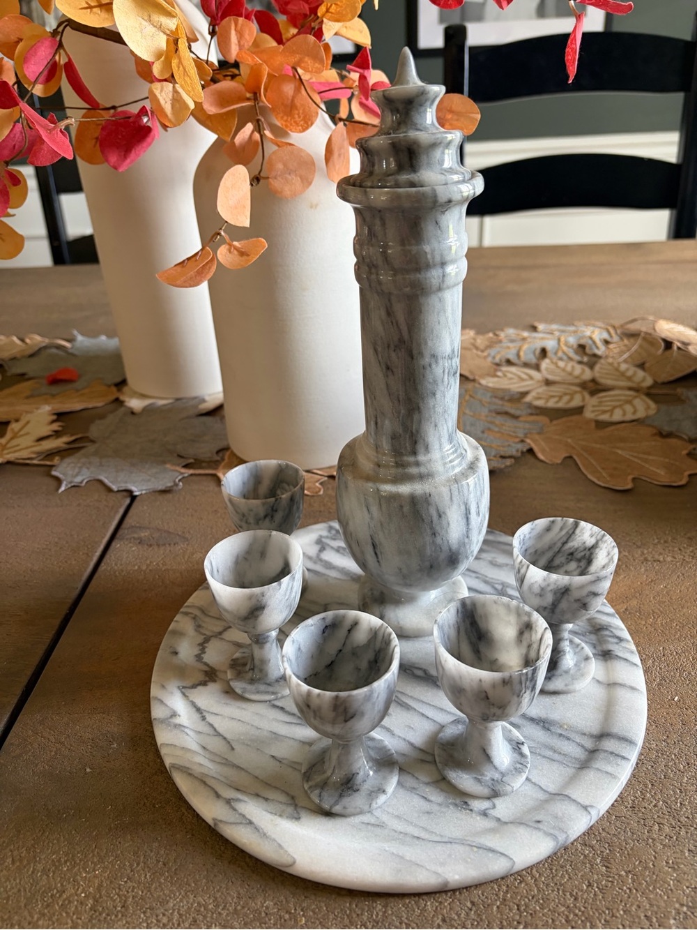 VTG Marble Wine Sake Decanter Tray & Cups EUC